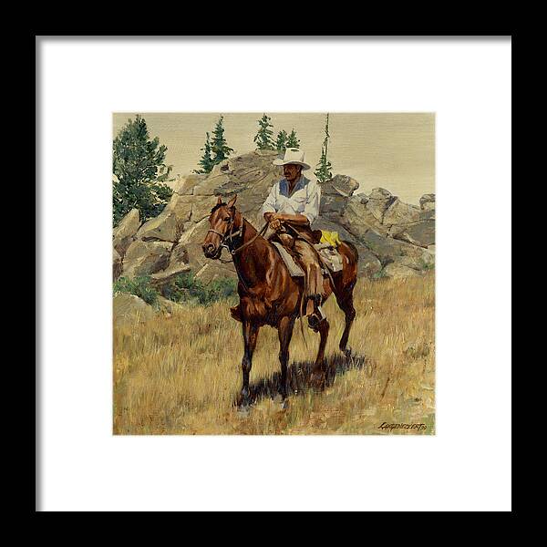 Jackson Hole Framed Print featuring the painting Jackson Hole George on His Horse by Don Langeneckert