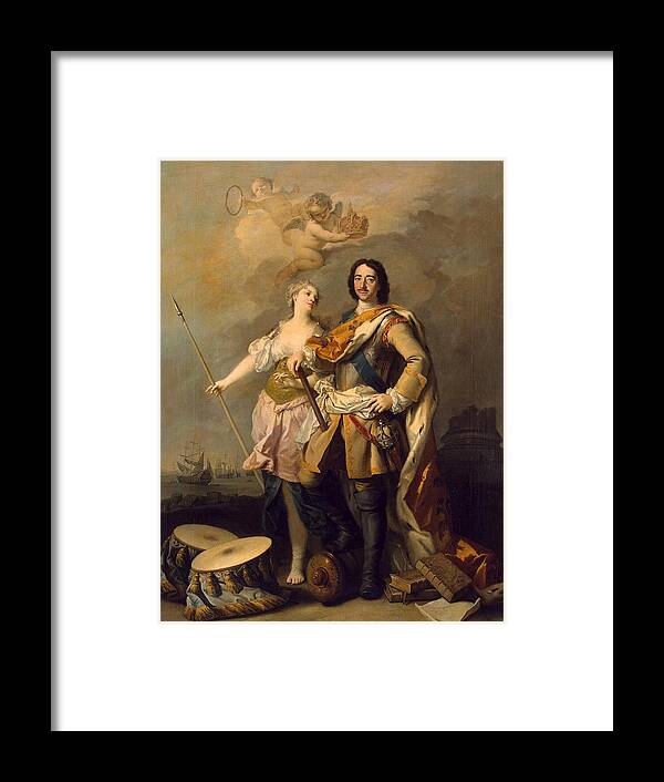 Jacopo Amigoni Framed Print featuring the painting Peter I with Minerva with the Allegorical Figure of Glory by Jacopo Amigoni