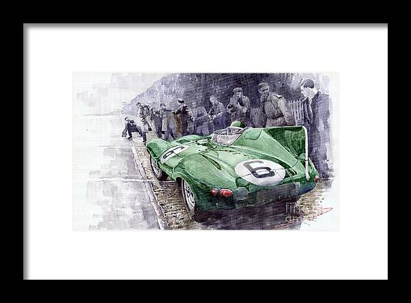 Watercolor Framed Print featuring the painting Jaguar D-TYPE 1955 Le Mans by Yuriy Shevchuk