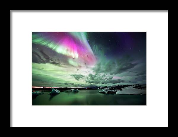 Aurora Borealis Framed Print featuring the photograph Ja?kulsa?rla?n Lake by Liloni Luca