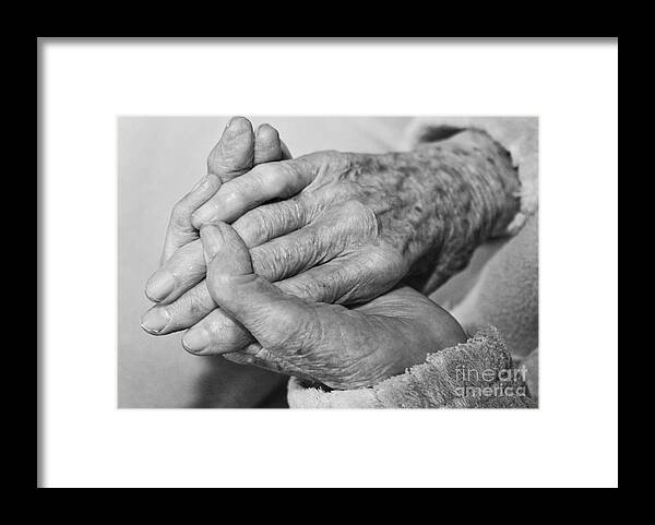 Black And White Framed Print featuring the photograph Jan's Hands by Roselynne Broussard