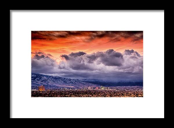 reno Downtown Framed Print featuring the photograph January Sunset over Reno by Janis Knight