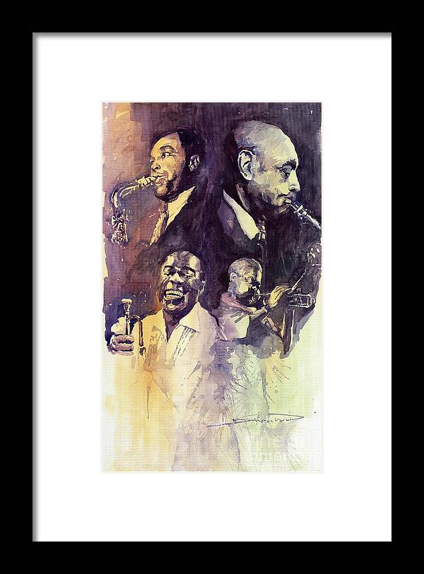 Watercolour Framed Print featuring the painting Jazz Legends Parker Gillespie Armstrong by Yuriy Shevchuk
