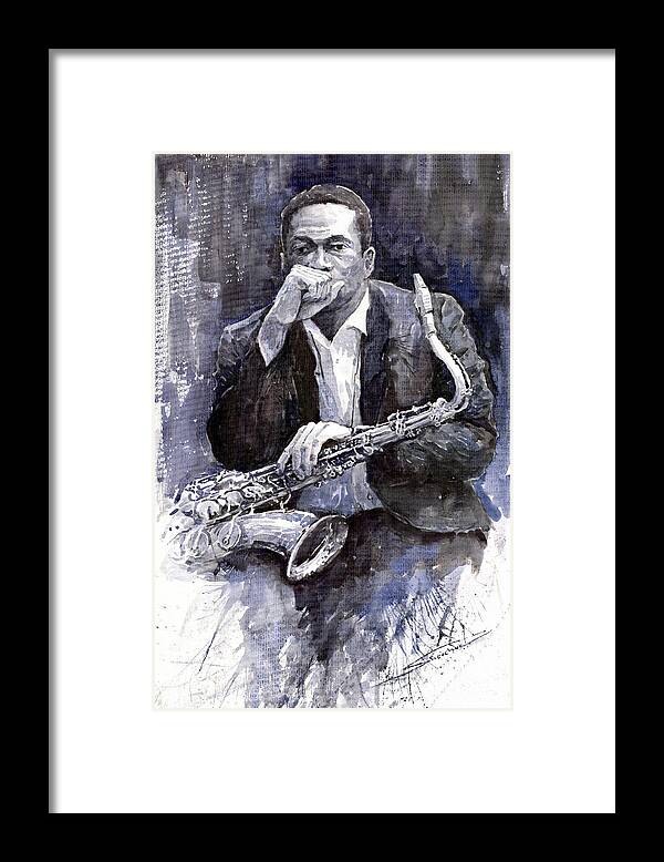 Jazz Framed Print featuring the painting Jazz Saxophonist John Coltrane black by Yuriy Shevchuk