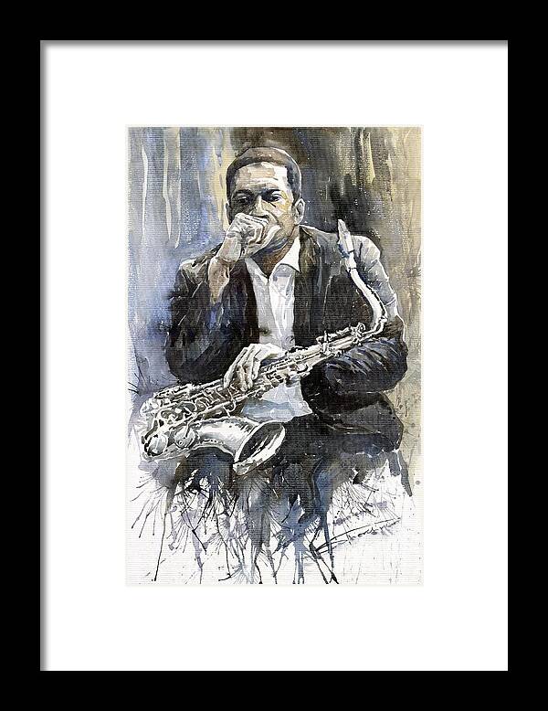 Jazz Framed Print featuring the painting Jazz Saxophonist John Coltrane yellow by Yuriy Shevchuk