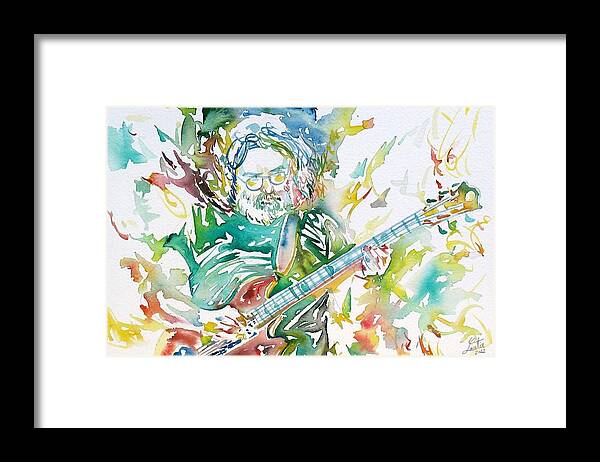 Jerry Framed Print featuring the painting JERRY GARCIA PLAYING the GUITAR watercolor portrait.1 by Fabrizio Cassetta