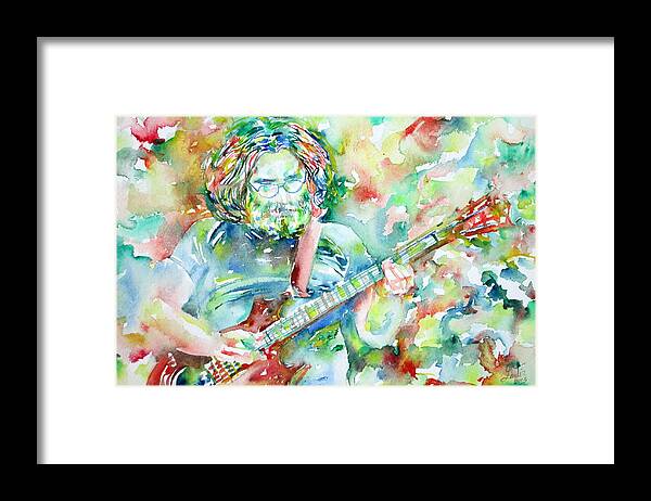 Jerry Framed Print featuring the painting JERRY GARCIA PLAYING the GUITAR watercolor portrait.3 by Fabrizio Cassetta