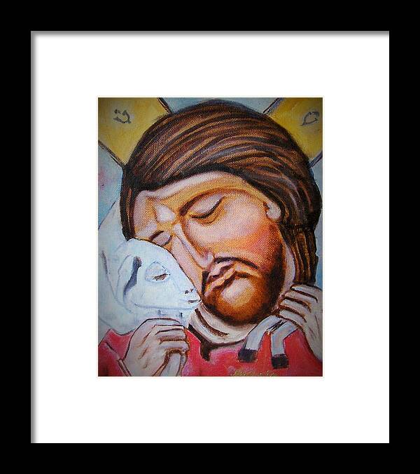 Art Framed Print featuring the painting Jesus With A Lamb by Ryszard Ludynia