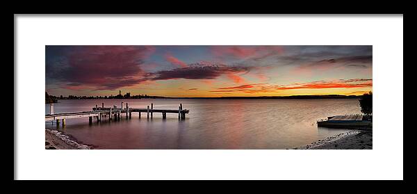 Tranquility Framed Print featuring the photograph Jetty Sunset Panorama Lake by Kathryn Diehm