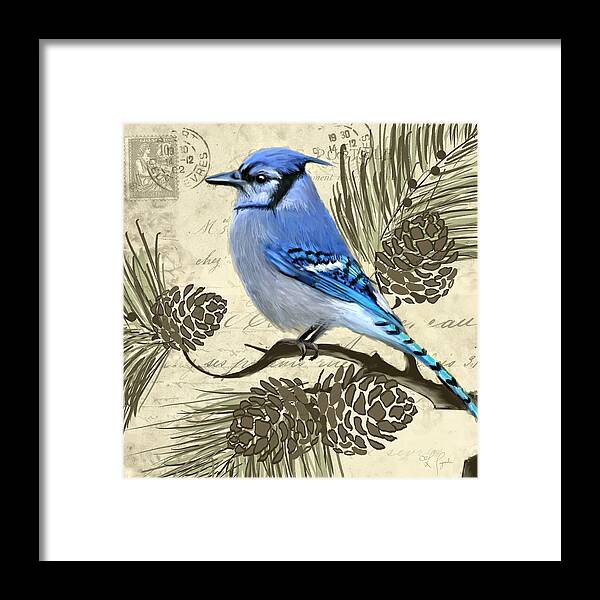 Blue Jay Bird Framed Print featuring the painting Jeweled Blue by Lourry Legarde