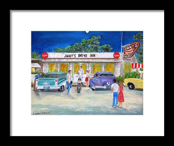 Landscape Framed Print featuring the painting Jimmy's Drive Inn by Linda Cabrera