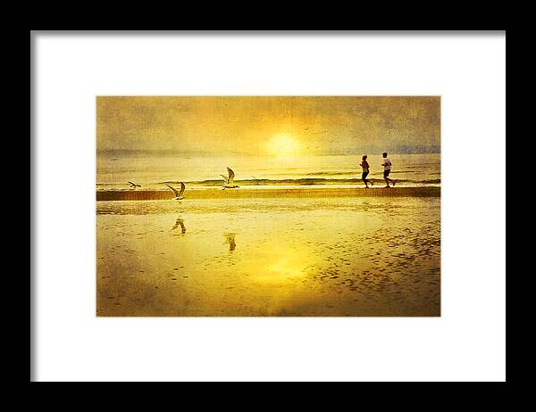 Beach Framed Print featuring the photograph Jogging On Beach With Gulls by Theresa Tahara