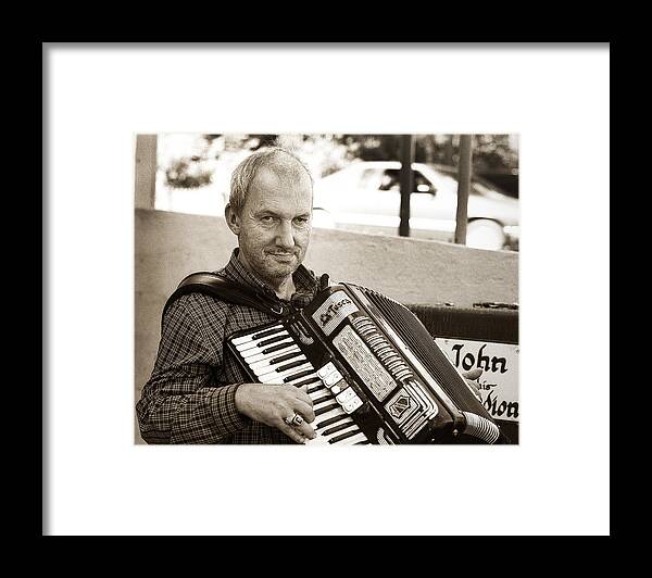 Accordion Framed Print featuring the photograph John and His Accordion Tunkhannock PA. by Arthur Miller