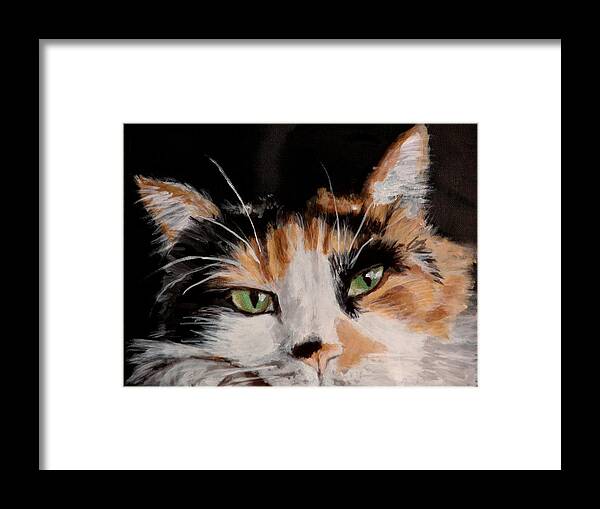 Calico Cat Portrait Framed Print featuring the painting John by Carol Russell