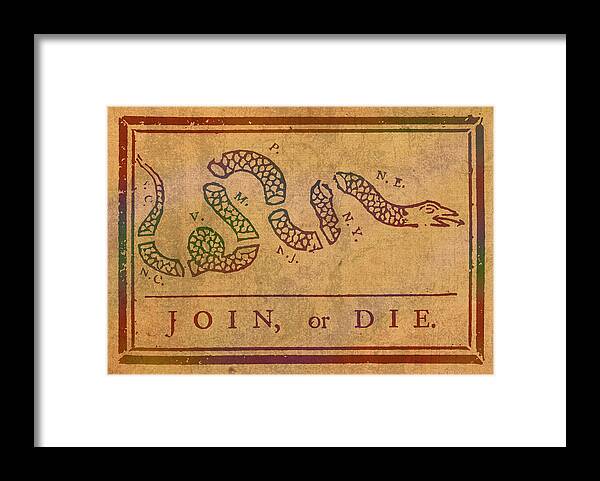 Join Or Die Framed Print featuring the mixed media Join Or Die Benjamin Franklin Political Cartoon Pennsylvania Gazette Commentary 1754 on Parchment by Design Turnpike