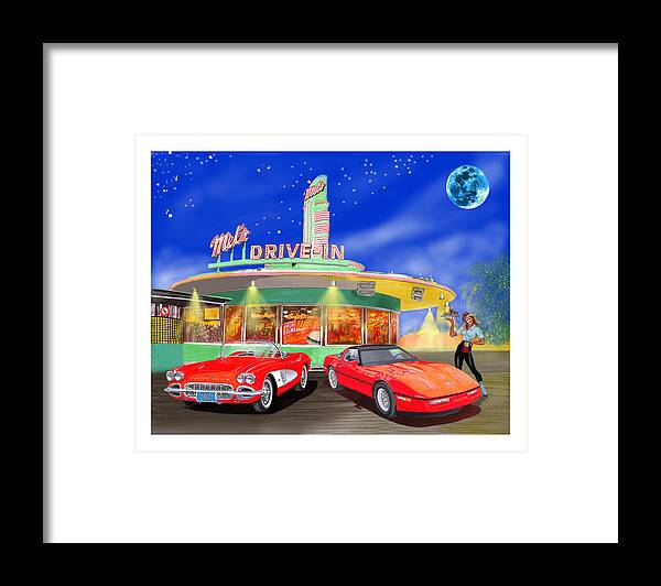 A Pair Of Red Corvettes Painted By Jack Pumphrey Parked At The Next Generation Mel's Drive-in Framed Print featuring the painting Julies Corvettes by Jack Pumphrey