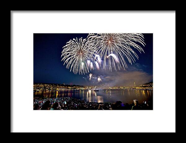 Fireworks Framed Print featuring the photograph July 4th fireworks at Lake Union - 1 by Hisao Mogi