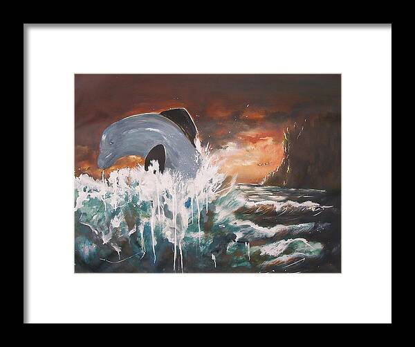 Jumping Dolphine Wave Ocean Water Sunset Evening Seascape Fish Swimming Jump Framed Print featuring the painting Jumping Dolphin by Miroslaw Chelchowski