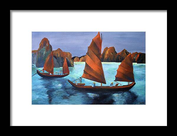 Fishing Framed Print featuring the painting Junks In the Descending Dragon Bay by Taiche Acrylic Art