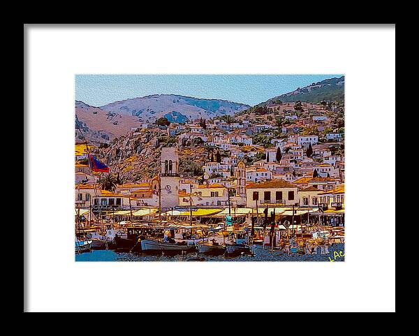 Hydra Framed Print featuring the painting Hydra Port At Dusk by Doggy Lips