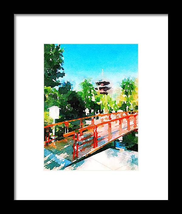 Kawasaki Daishi Framed Print featuring the painting Kawasaki Daishi Bridge and Five-Storied Pagoda by Beverly Claire Kaiya