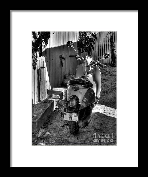 Scooters Framed Print featuring the photograph Key West Scooter BW by Mel Steinhauer