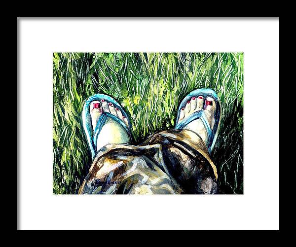 Flip Flops Framed Print featuring the painting Khaki Pants and Flip Flops by Shana Rowe Jackson