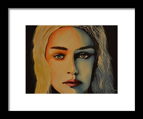 This Is A Painting Of Khalessi From The Series The Game Of Thrones. Her Face Is Painted In Two Different Colors. The Blue Represents Her Cold Side And The Bright Colors Her Caring Side. Framed Print featuring the painting Khaleesi Game of Thrones by Martin Schmidt