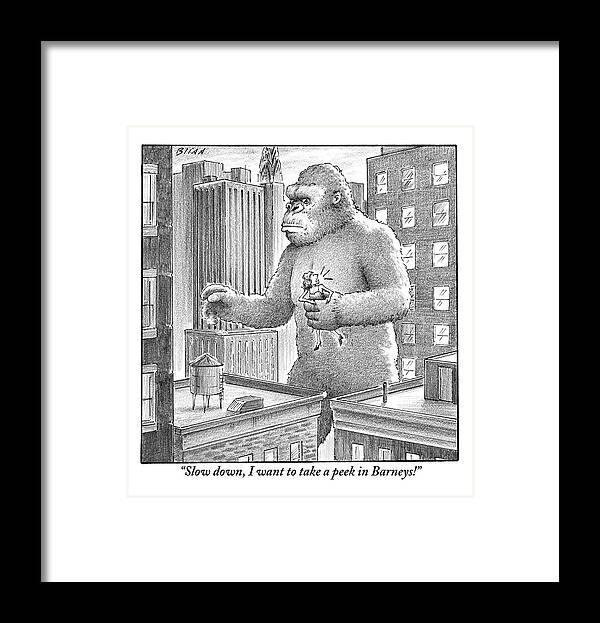King Framed Print featuring the drawing King Kong Stands In A Large City by Harry Bliss