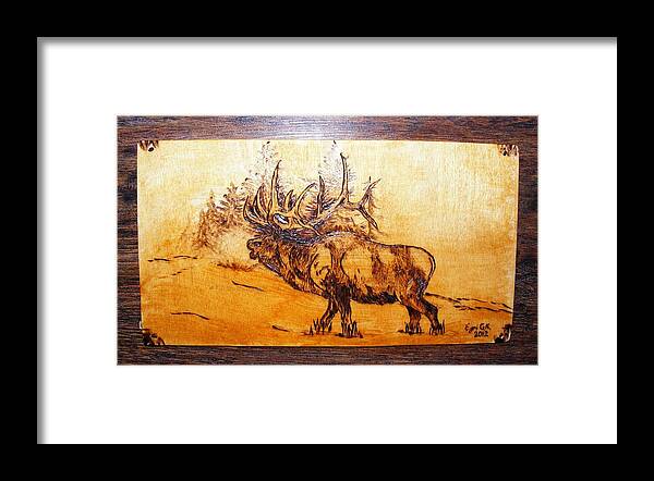 Wood Pyrography Framed Print featuring the pyrography Kingof forest-wood pyrography by Egri George-Christian