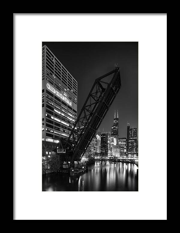 Architecture Framed Print featuring the photograph Kinzie Street railroad bridge at night in Black and White by Sebastian Musial