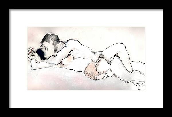 Kissing Framed Print featuring the mixed media Kissing - Nude Couple in Love by Carolyn Weltman
