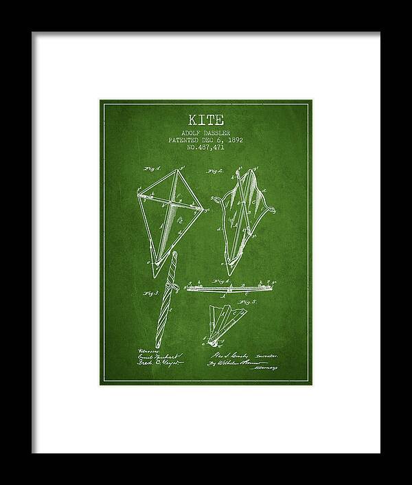 Kite Framed Print featuring the digital art Kite Patent from 1892 - Green by Aged Pixel