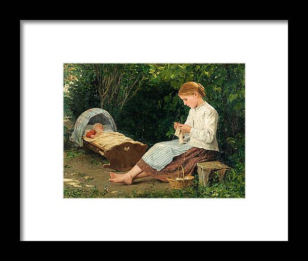 Albert Anker Framed Print featuring the painting Knitting girl watching the toddler in a craddle by Albert Anker