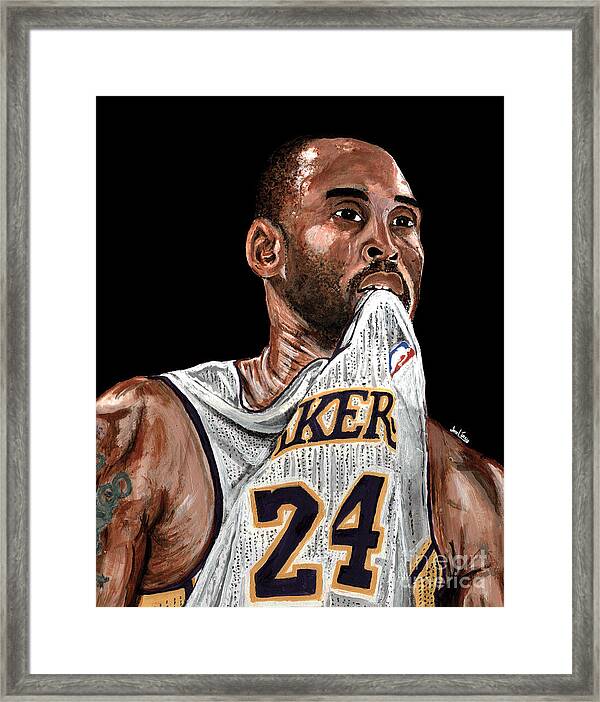 Kobe Bryant Biting Jersey Framed Print by Israel Torres