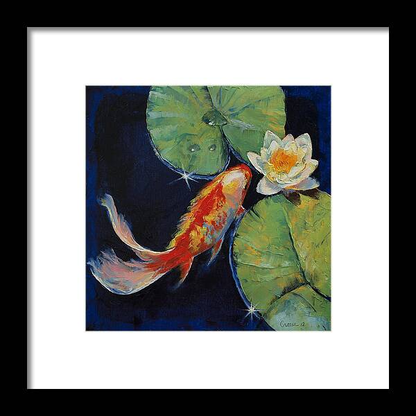 White Lily Framed Print featuring the painting Koi and White Lily by Michael Creese