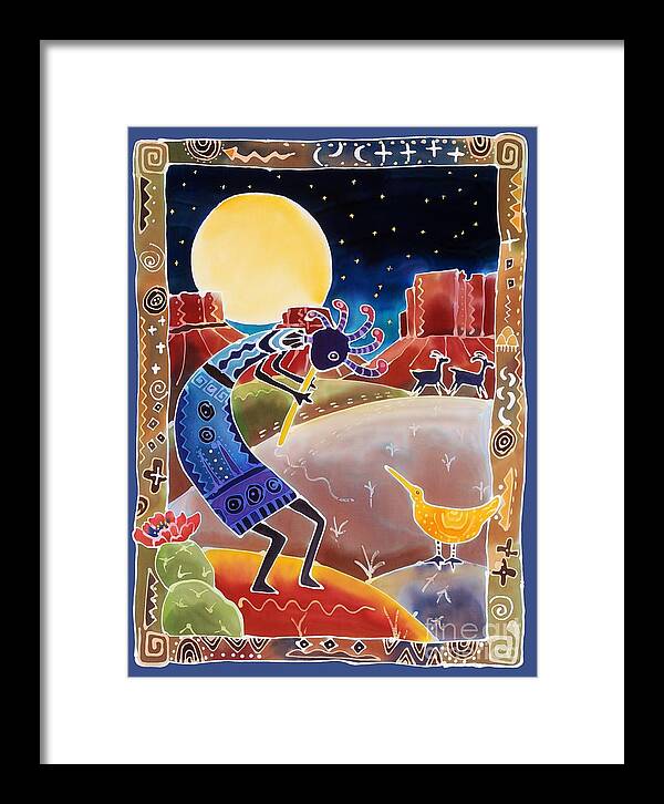 Kokopelli Framed Print featuring the painting Kokopelli Sings Up the Moon by Harriet Peck Taylor