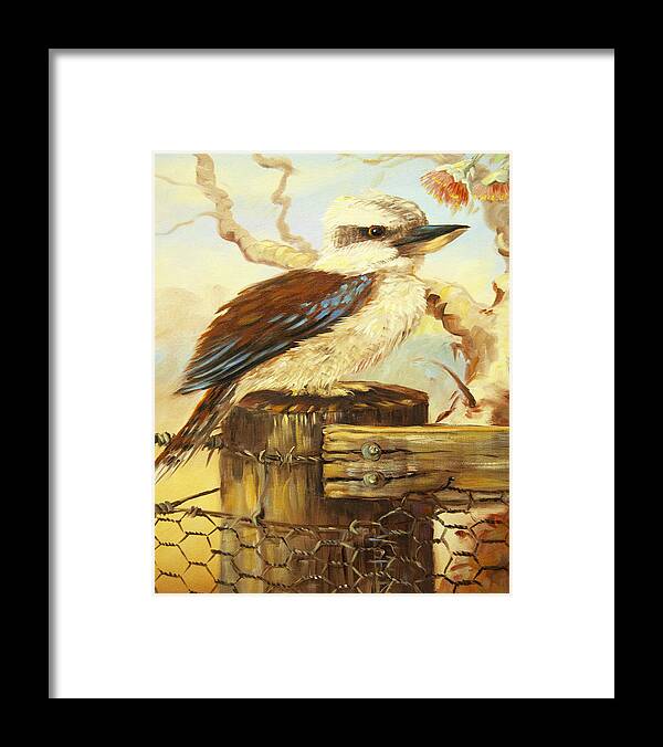 Kookaburra Framed Print featuring the painting Kookaburra On Fence by Glen Johnson