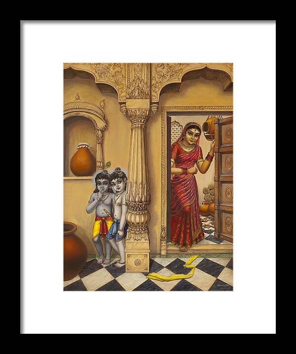 Krishna Framed Print featuring the painting Krishna and Ballaram butter thiefs by Vrindavan Das