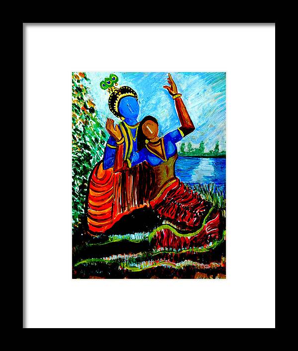 Paintings In Acrylics And Oils On --- Indian Saints Framed Print featuring the painting Krishna Playing With Radha by Anand Swaroop Manchiraju
