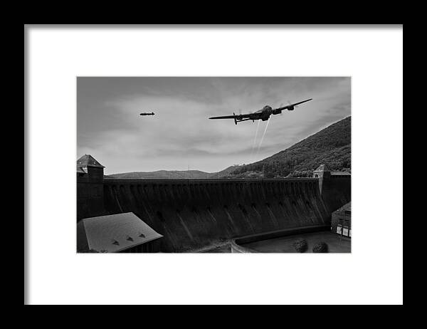 Dambusters Framed Print featuring the digital art L for Leather over the Eder Dam black and white version by Gary Eason