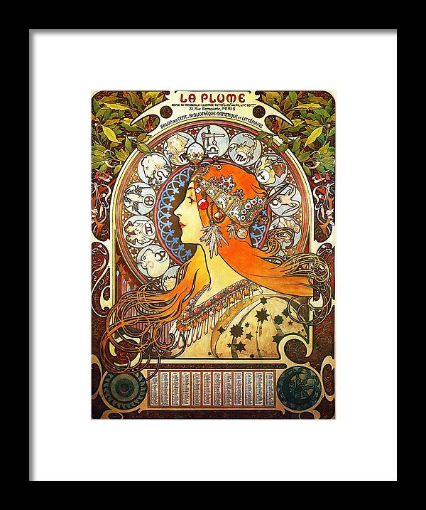 Alphonse Mucha Framed Print featuring the painting La Plume Zodiac by Alphonse Mucha
