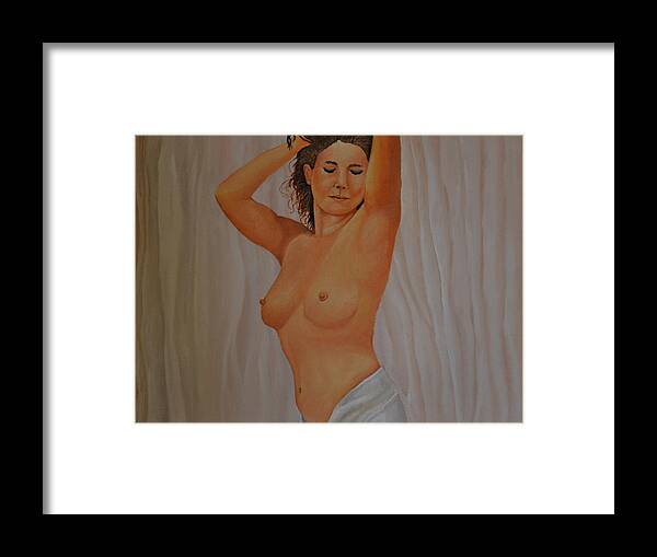 This Is An Oil Painting Of A Nude Woman In A Satin Sheet. I Also Used A Satin Sheet For The Background In This Painting. This Is A Painting From A Model In This Type Of Pose. I Used A Brighter Flesh Tone So The Female Would Stand Out In This Painting. I Painted Her Eyes Closed To Show A Calm Expression. The Size Of This Painting Is 11x14 Inches Without A Frame. Framed Print featuring the painting Nude in Satin by Martin Schmidt