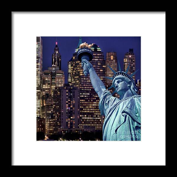 Statue Framed Print featuring the photograph Statue of Liberty, New York at night by Delphimages Photo Creations