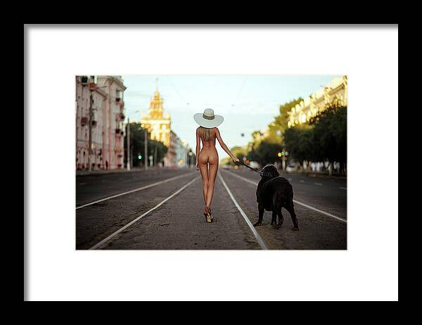 Fine Art Nude Framed Print featuring the photograph Lady With Her Dog by Gene Oryx