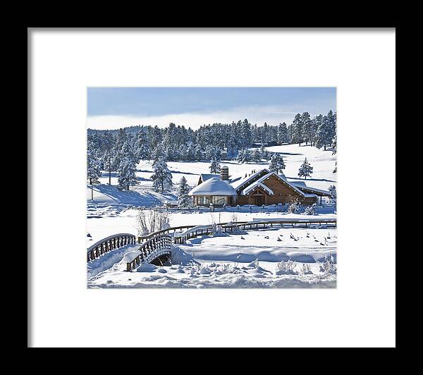 Evergreen Colorado Framed Print featuring the photograph Lake House in Snow by Ron White