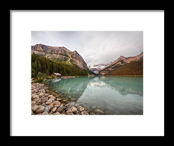 Lake Framed Print featuring the photograph Lake Louise Canoe rental by Jack Nevitt