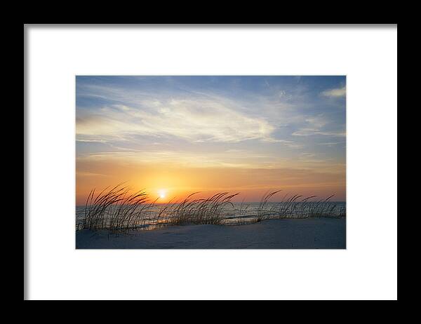 Dune Framed Print featuring the photograph Lake Michigan Sunset with Dune Grass by Mary Lee Dereske
