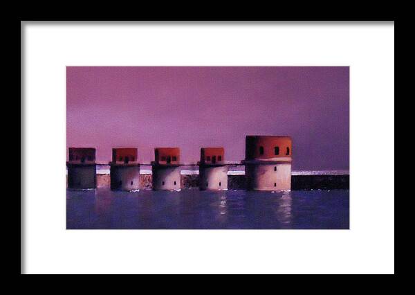 Lake Murray Framed Print featuring the painting Lake Murray Towers in Evening by Blue Sky