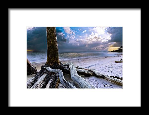 Sunrays Through Clouds Framed Print featuring the photograph Lake Tree Sunset -Winter Landscape-Thick Clouds Sunrays by Eszra Tanner